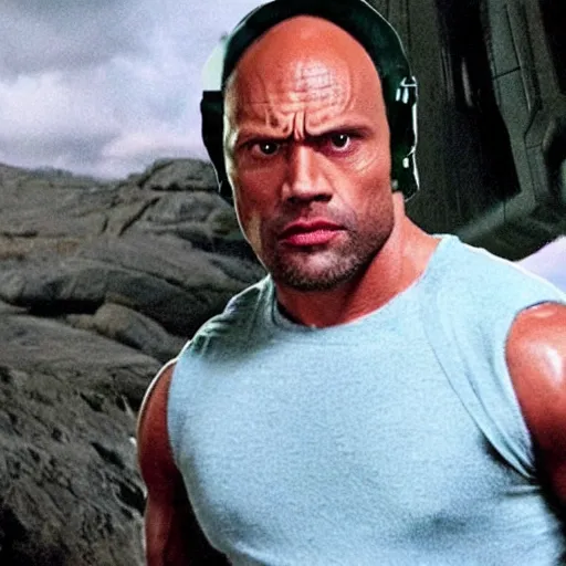 Prompt: still of the rock cosplaying as leah in star wars