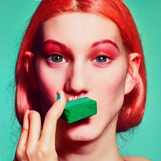 Prompt: a studio close - up portrait of a beautiful fashion model holding a brick to her ear. surreal photograph, lo - fi, polished look, silly and serious, hermes ad, fashion photography, toiletpaper magazine by pierpaolo ferrari and maurizio cattelan, 3 5 mm photograph, colourful, by pierpaolo ferrari, maurizio cattelan, david lachapelle