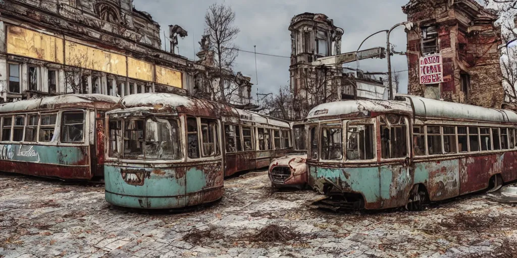 Image similar to low wide angle shot of dilapidated fallout 5 europa, temperate european small town, desolate, dilapidated neon signs, few rusted retro futuristic vintage parked vehicles like cars, buses, trucks, trams, volumetric lighting, photorealistic, daytime, autumn, sunny weather, sharp focus, ultra detailed, 4 0 0 0 k