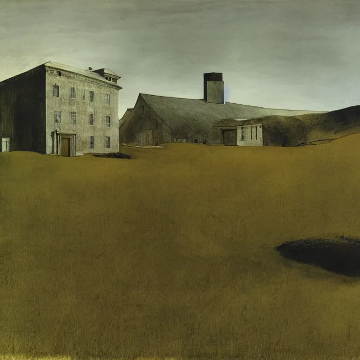 Prompt: a building in a landscape, by andrew wyeth