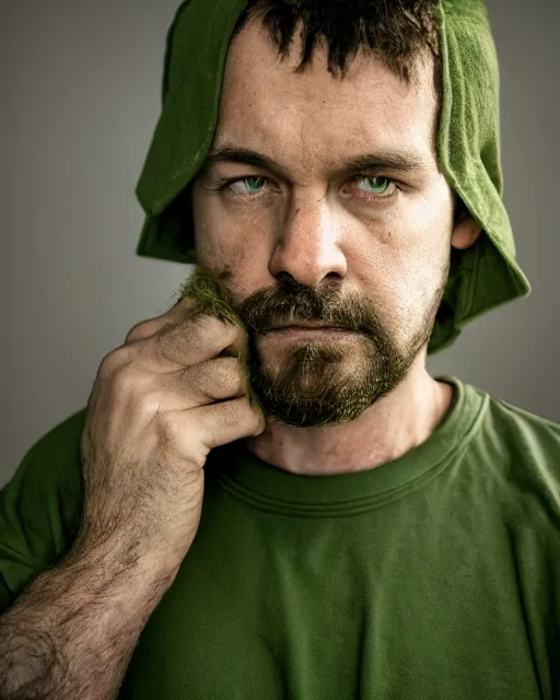 Image similar to closeup prison mugshot of shaggy, dramatic lighting, dirty green clothes, neck shackle, low saturation, somber expression, beardless, smooth face, soft vignette, soft focus, 5 0 mm, 4 k, scooby doo screenshot, photograph by annie leibovitz