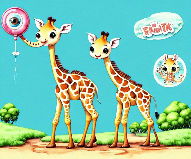 Image similar to cute and funny, baby giraffe drinking from a pond, ratfink style by ed roth, centered award winning watercolor pen illustration, isometric illustration by chihiro iwasaki, edited by range murata, tiny details by artgerm and watercolor girl, symmetrically isometrically centered