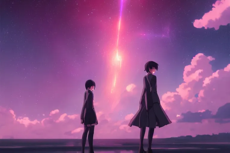 Prompt: makoto shinkai._robotic android girl. futuristic cyberpunk dystopia. vibrant nebula sky.