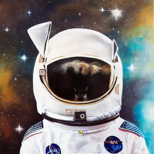 Image similar to oil painting of a cute cat in a astronaut suit with helmet, 35mm, photo, Epic, cinematic, highly detailed and intricate