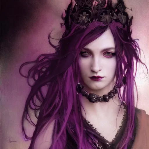 Image similar to dark goth queen with purple eyes, by jeremy mann and alphonse mucha, fantasy art, photo realistic, dynamic lighting, artstation, poster, volumetric lighting, very detailed faces, purple eyes, 4 k, award winning dark, goth, queen, dark fantasy, black, dark purple, hyperrealistic portrait, art of elysium, full figure, very detailed face,