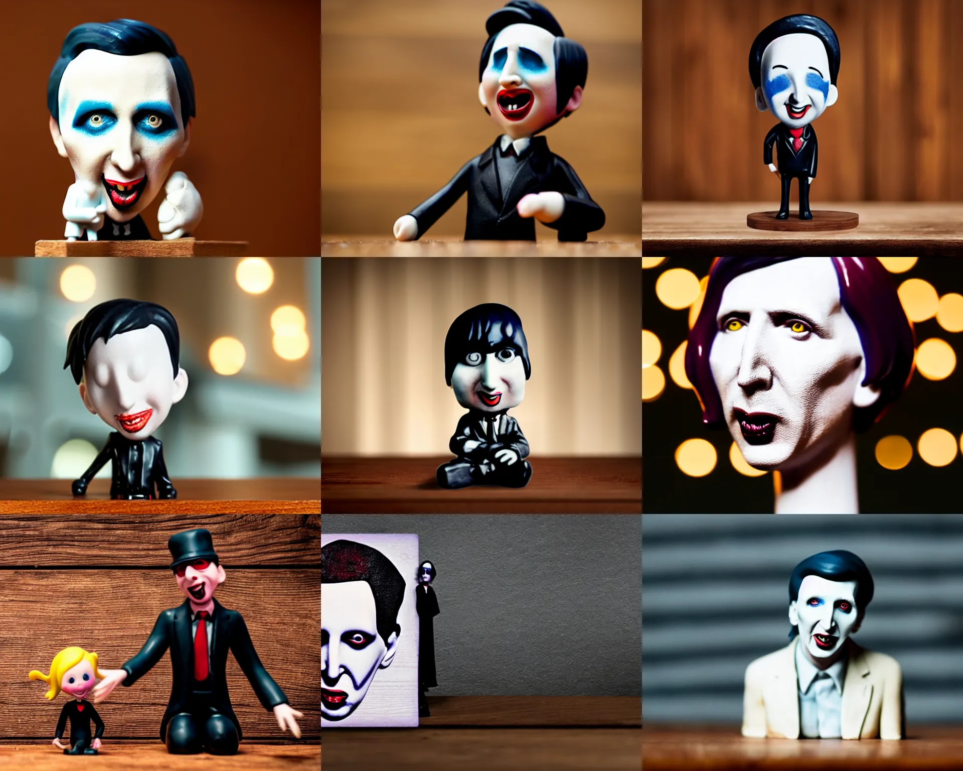 Prompt: marilyn manson figurine by pixar sad bokeh on wooden table.