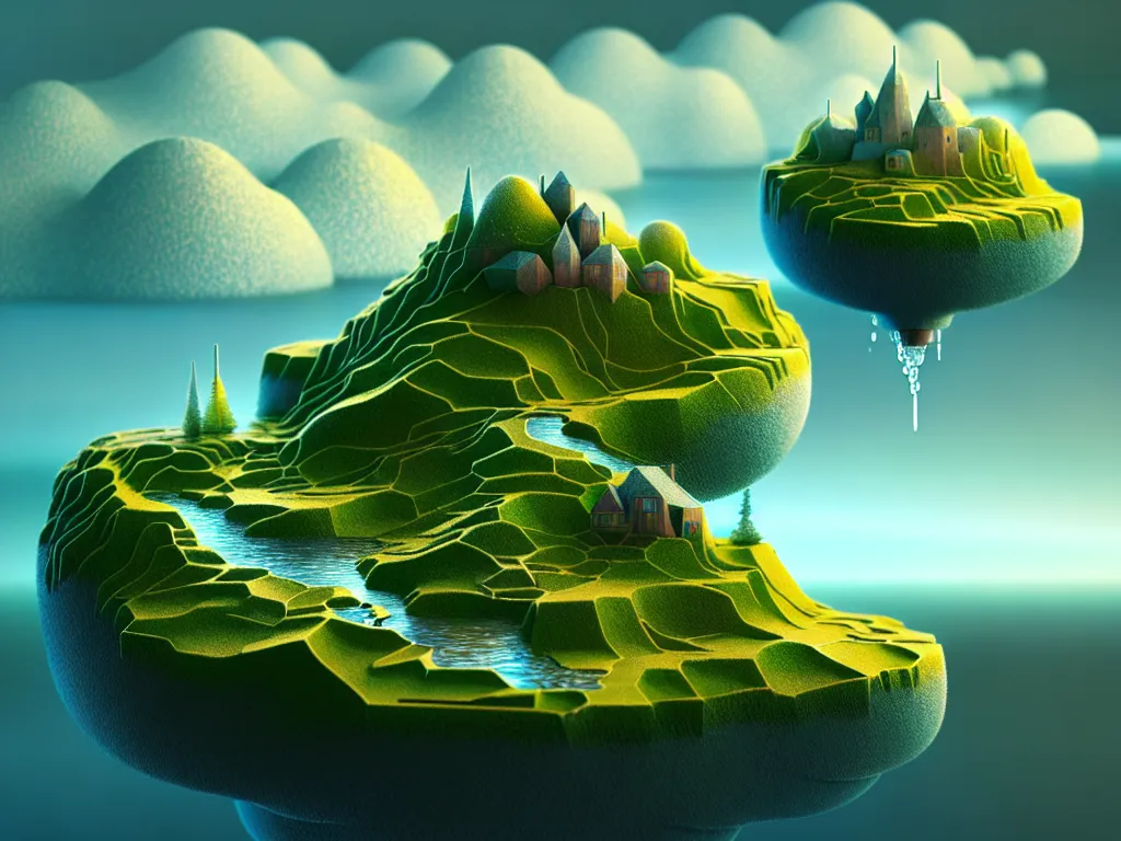 Image similar to hyper detailed cross section of geometric terrain with water, geometric 3D render, scene view, amazing surreal landscape, volumetric light , miniature world, clouds, trees, houses by Gediminas Pranckevicius ,trending on artstation