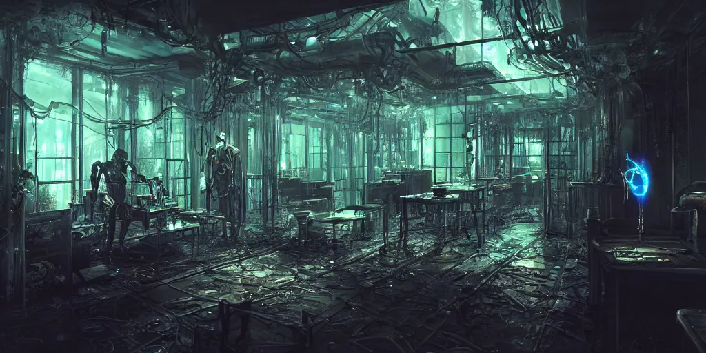 Image similar to biopunk laboratory with glowing liquid professional digital art, intricate details, moody lightning, rendered in unreal engine, full details, octane render, rendered in maya, cgsociety, trending on artstation with dark and disutrbing horror atmosphere