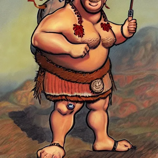 Prompt: a full body portrait of Obelix in the style of Mort Kunstler and Moebius