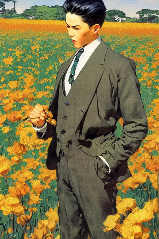 Image similar to attractive man in flower field, painting by j. c. leyendecker, yoji shinkawa, katayama bokuyo