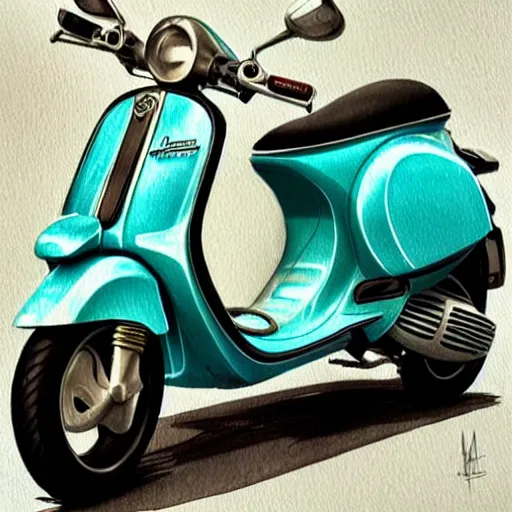 Prompt: a turquoise vespa moped, ultra realistic, concept art, intricate details, highly detailed, photorealistic, pencil and watercolor, art by artgerm and greg rutkowski