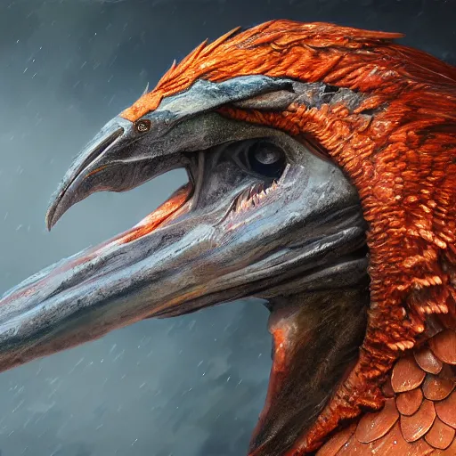 Image similar to realistic portrait of an axebeak, fantasy book, high detail, 8 k, octane render painting, dark fantasy