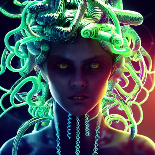 Image similar to Cyberpunk medusa, neon, intricate, ornate, photorealistic, ultra detailed, realistic, 35mm, photography, octane, high definition, depth of field, bokeh, 8k, artstation