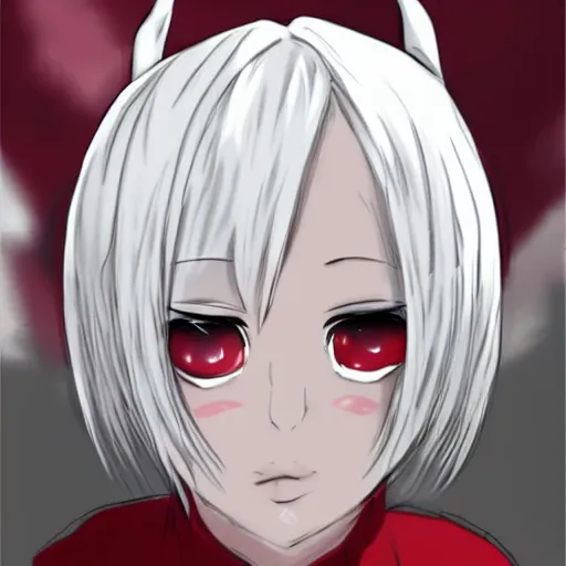 Image similar to white hair, red eyes, two small horn on the head, anime style, anime girl