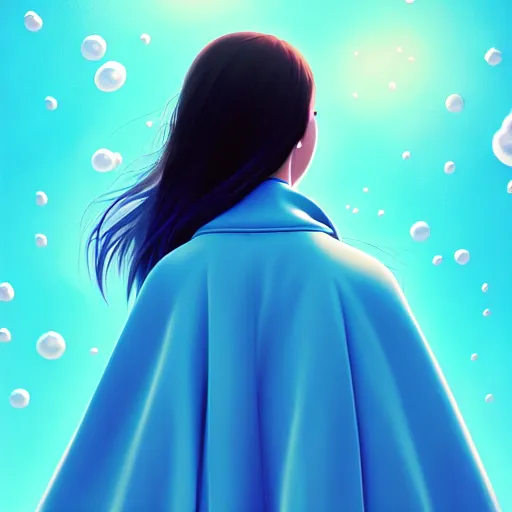 Prompt: giant droplets of water floating around a flying girl with wings, sky blue straight hair, low - angle shot from behind, blue coat, fur scarf, ultra fine detail, dark theme, digital painting, psychedelic, film still, cinematic, wlop, ilya kuvshinov, ross tran