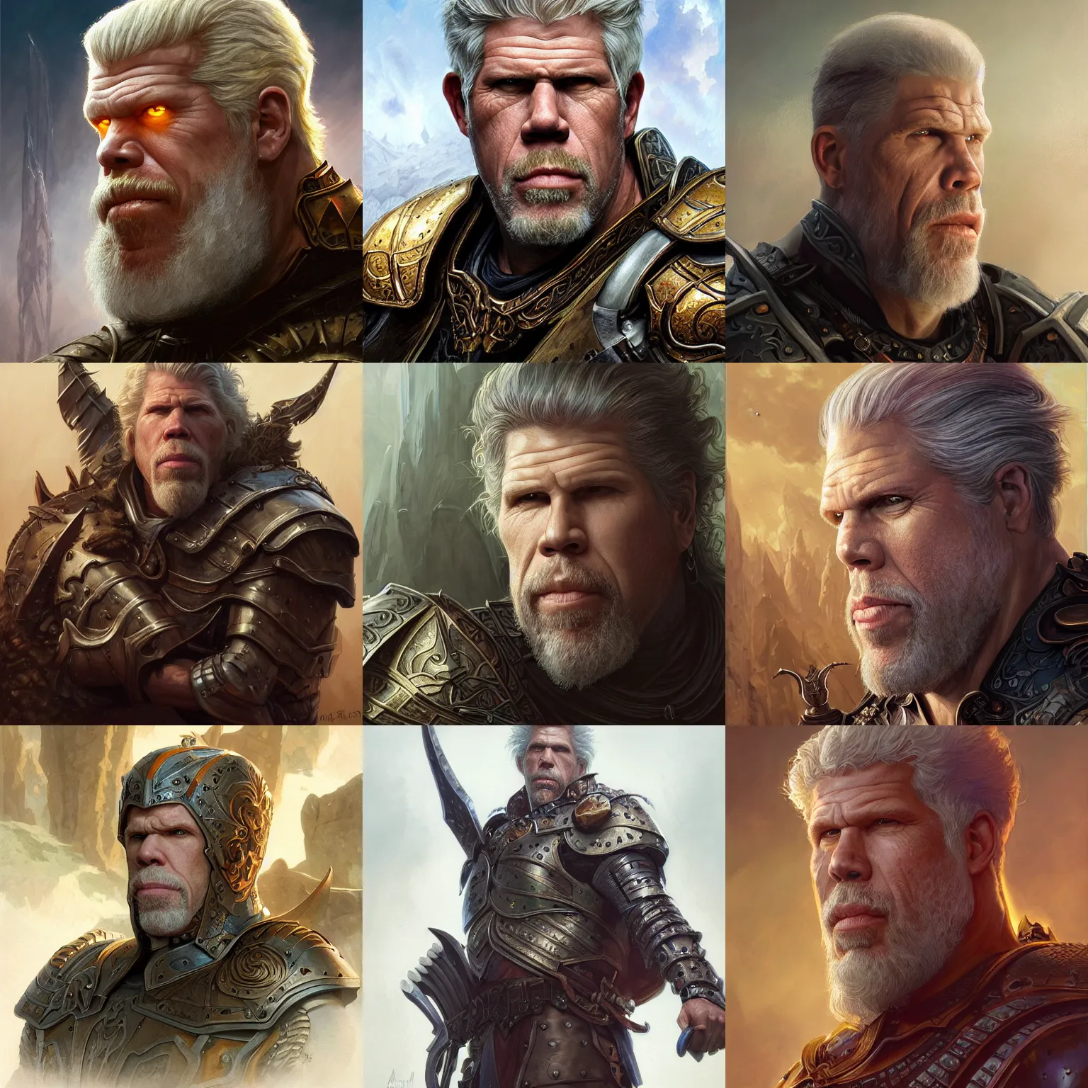 Prompt: portrait of ron perlman wearing armor, D&D, fantasy, elegant, intricate, headshot, highly detailed, digital painting, artstation, concept art, sharp focus, illustration, art by artgerm and greg rutkowski and alphonse mucha