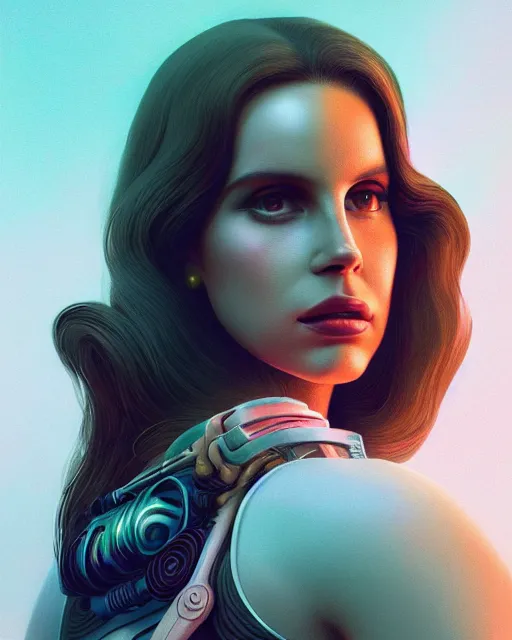 Image similar to portrait of Lana Del Rey as a cyborg. intricate abstract. intricate artwork. by Tooth Wu, wlop, beeple, dan mumford. dune by david lynch, octane render, trending on artstation, greg rutkowski very coherent symmetrical artwork. cinematic, hyper realism, high detail, octane render, 8k, iridescent accents