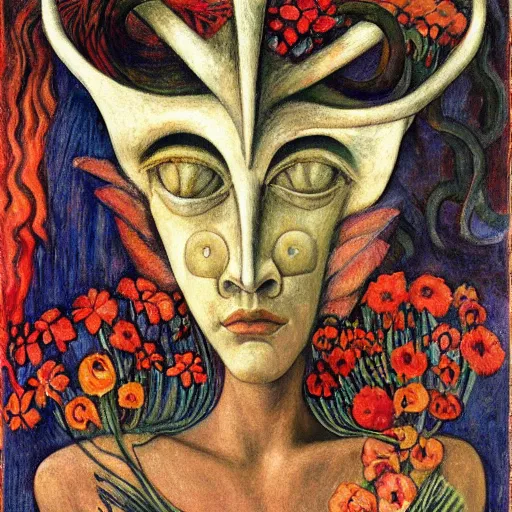 Image similar to facemask made of flowers, by annie swynnerton and jean delville and edward hopper and diego rivera and evelyn de morgan and rufino tamayo, dark flower shaman, art brut, outsider art, symbolist, dramatic lighting, god rays, elaborate geometric ornament, clean crisp graphics, smooth sharp focus, extremely detailed, adolf wolfli