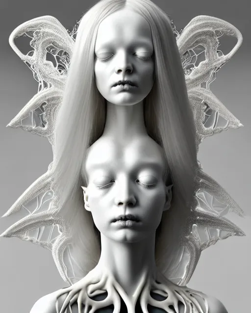 Prompt: dreamy soft luminous bw 3 d octane render, beautiful spiritual angelic biomechanical mandelbrot fractal albino girl cyborg with a porcelain profile face, very long neck, halo, rim light, big leaves and stems, fine foliage lace, alexander mcqueen, art nouveau fashion pearl embroidered collar, steampunk, silver filigree details, hexagonal mesh wire, elegant