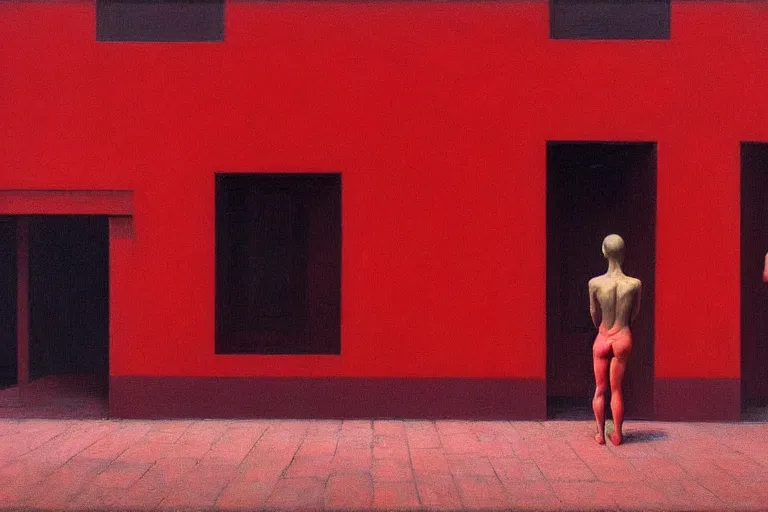 Image similar to only with red, crowd delirious at the sight of a painting, in a city square, in the style of beksinski, parts by edward hopper, parts by rodcenko, parts by yue minjun, intricate and epic composition, red by caravaggio, insanely quality, highly detailed, masterpiece, red light, artstation, 4 k