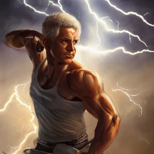 Prompt: benjamin netanyahu as a buff greek god of lightning, shooting lightning bolts from hands, highly detailed, ultra clear, by artgerm and greg rutkowski