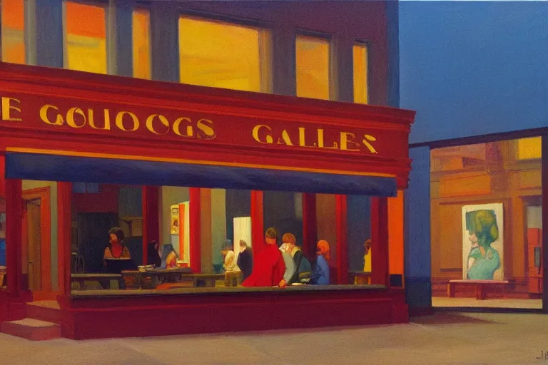 Image similar to a 7 0 s art gallery exhibition, colors americana, cinematic, volumetric lighting, ultra wide angle view, realistic, detailed painting in the style of edward hopper