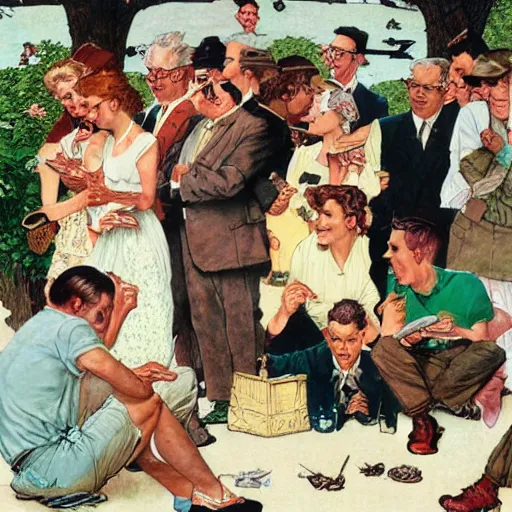 Prompt: an iconic beautiful illustration by norman rockwell of a group of friends gathering around to watch a slideshow pictures from a recent vacation trip, trending on artstation, highly detailed