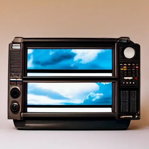 Prompt: a professional studio photograph ((((((((((((((((((((((((((((of a 90s television and VHS combo playing a video)))))))))))))))))))))))))))) of clouds, key light, 50mm, shallow depth of field, no artefacts