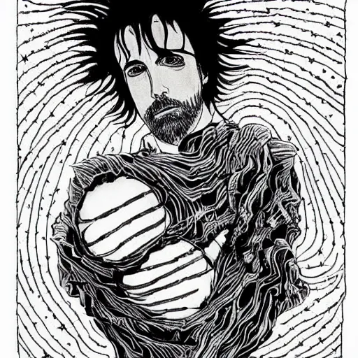 Image similar to black and white pen and ink!!!!!!! Tim Burton designed Ryan Gosling wearing cosmic space robes made of stars final form flowing royal hair golden!!!! Vagabond!!!!!!!! floating magic swordsman!!!! glides through a beautiful!!!!!!! Camellia flower battlefield dramatic esoteric!!!!!! Long hair flowing dancing illustrated in high detail!!!!!!!! by Moebius and Hiroya Oku!!!!!!!!! graphic novel published on 2049 award winning!!!! full body portrait!!!!! action exposition manga panel black and white Shonen Jump issue by David Lynch eraserhead and beautiful line art Hirohiko Araki!! Rossetti, Millais, Mucha, Jojo's Bizzare Adventure