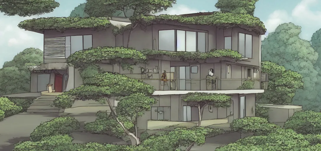 Image similar to Ghibli style modern house architecture