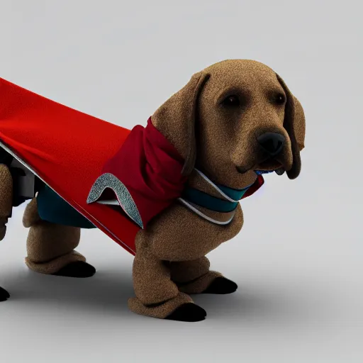 Image similar to robotic dog wearing a large scarf around its neck. 3 d render, oktane, post - processing, 8 k, cinematic lighting