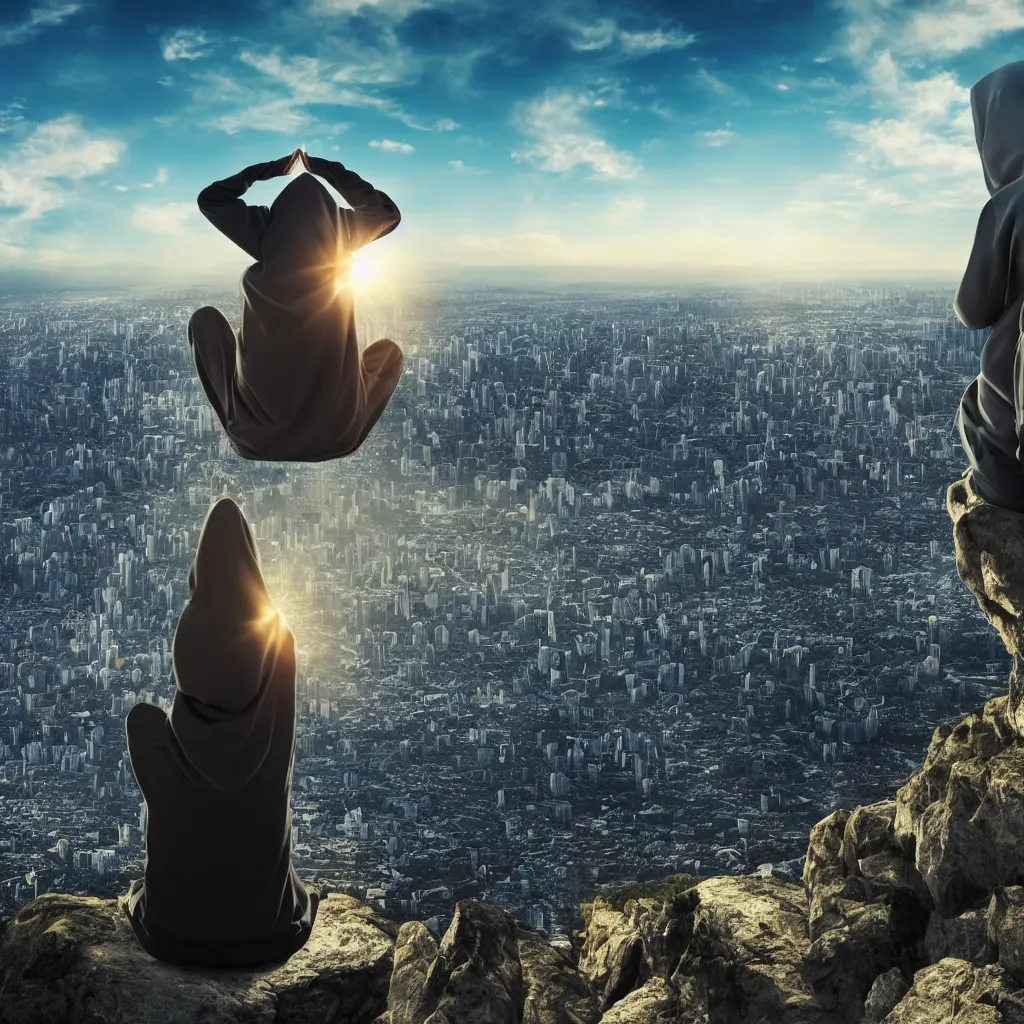 Image similar to meditating person with hoodie on sitting on top of a mountain overlooking a giant futuristic city by sundawn, high resolution photo, detailed