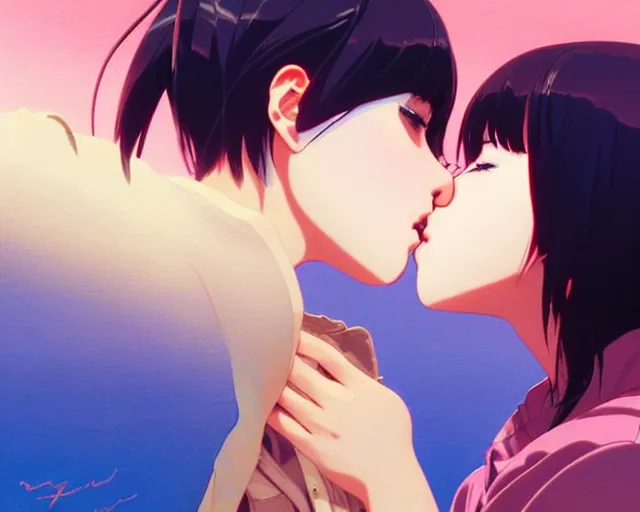 Image similar to two girls kissing | very very anime!!!, fine - face, audrey plaza, realistic shaded perfect face, fine details. anime. realistic shaded lighting poster by ilya kuvshinov katsuhiro otomo ghost - in - the - shell, magali villeneuve, artgerm, jeremy lipkin and michael garmash and rob rey