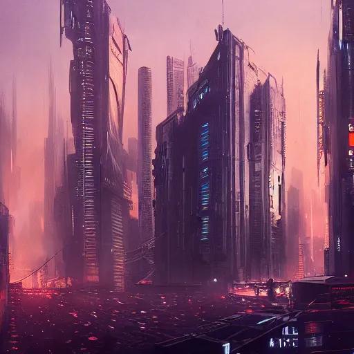 Image similar to Cyberpunk city, street vendors, citizens, augmented cyborgs, Blade Runner, Ghost in the Shell, Neuromancer, robots, skyscapers, buildings, clouds, sunset, painted by seb mckinnon, high detail, digital art, trending on artstation