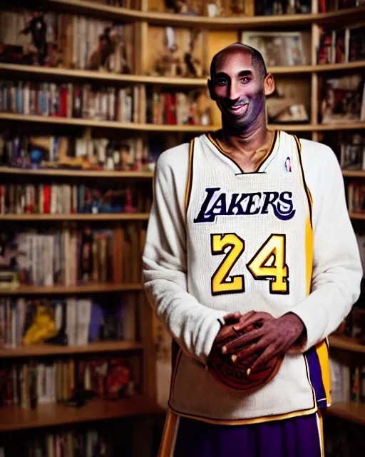 Image similar to portrait of kobe bryant, wrinkled, in 7 0 years old, wearing lakers jersey, photography by steve mccurry, 1 5 mm lens, in his study, trending on artstation