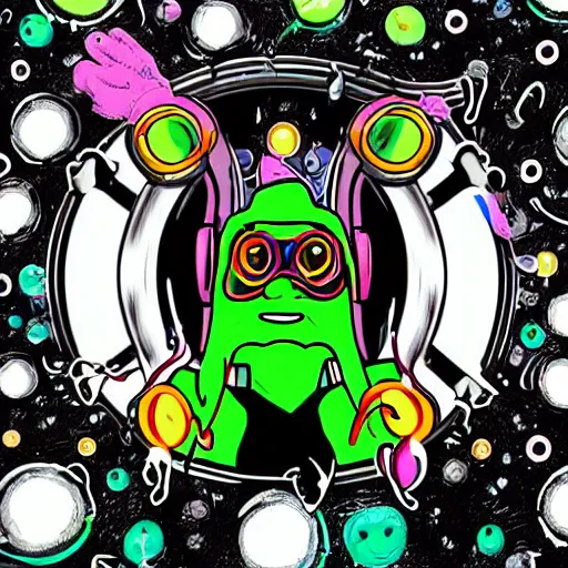 Image similar to svg sticker of a Pop-Wonder Alien-Bog-Monster-Swamp-Rat-Thunder-Coot-Racing-Fan at a rave, spinning records, giant headphones rocking out, wearing headphones, huge speakers, dancing, rave, DJ, spinning records, digital art, amazing composition, rule-of-thirds, award-winning, trending on artstation, featured on deviantart