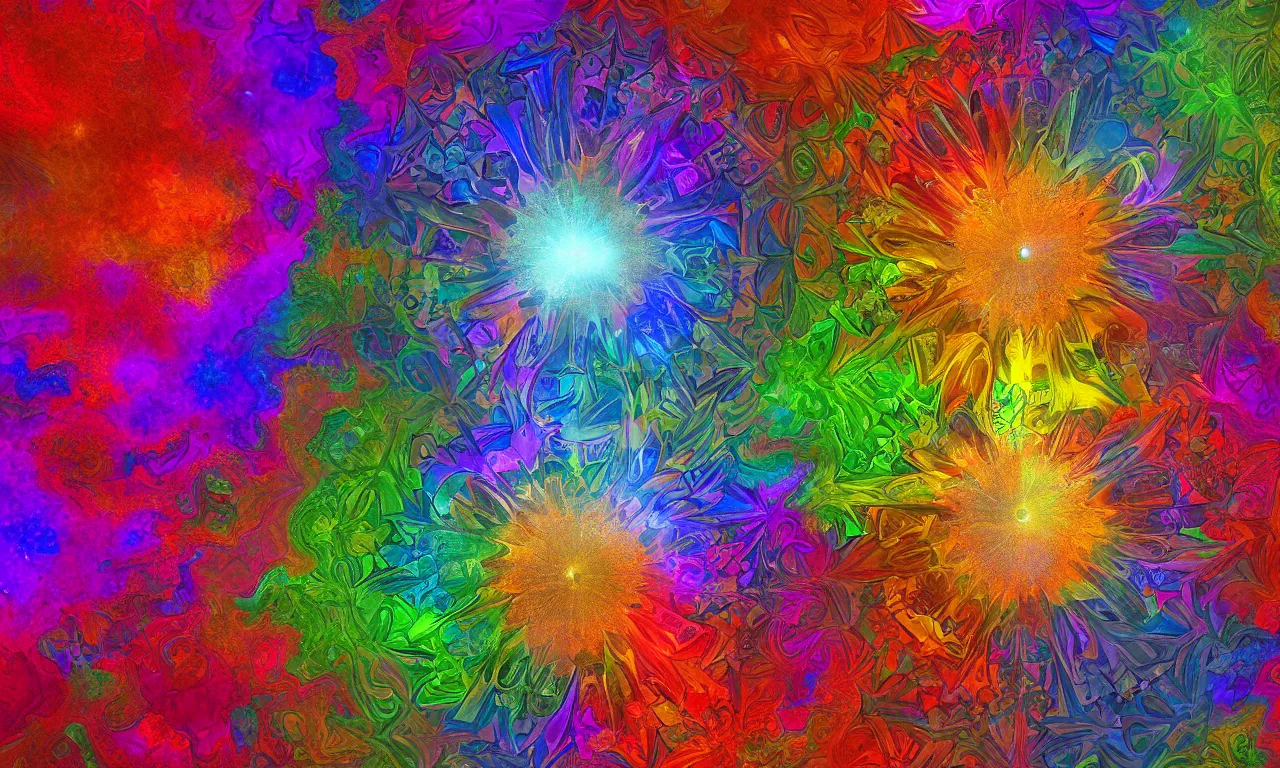 Image similar to acrylics blob voronoi engine laboratory 3 d volume kaleidoscope mandala fractal chakra digital multicolor stylized concept substance liquid nebula stone, a spectacular view cinematic rays of sunlight comic book illustration, by john kirby radiating a glowing aura global illumination ray tracing hdr depth fog overlay multiply photoshop layer