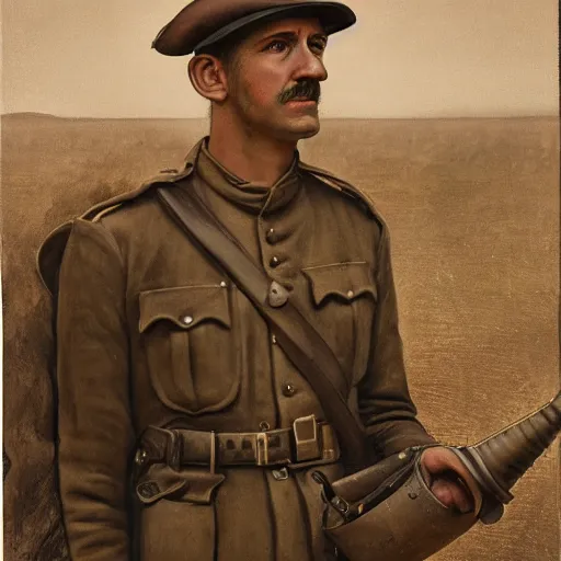 Image similar to a detailed photorealistic sepia - toned color portrait painting of a 1 9 1 7 worried clean - shaven british lieutenant in field gear in north arabia examining an ancient cylindrical clay jar, ultra realistic, intricate details, atmospheric, dark, horror, brooding, highly detailed, by clyde caldwell