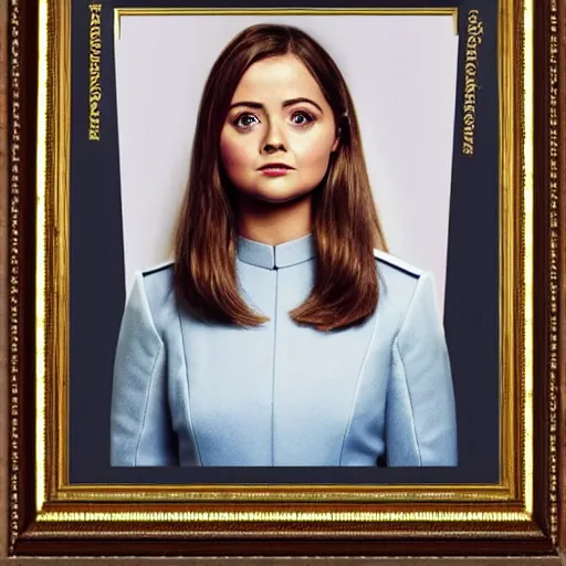 Image similar to a beautiful full body photograph of younger jenna coleman as a star fleet officer from star trek next generation, full dress uniform, symmetrical face, extreme realism and detail, 8 k, completely framed, direct lighting, 3 5 mm photo, photorealistic, sharp focus