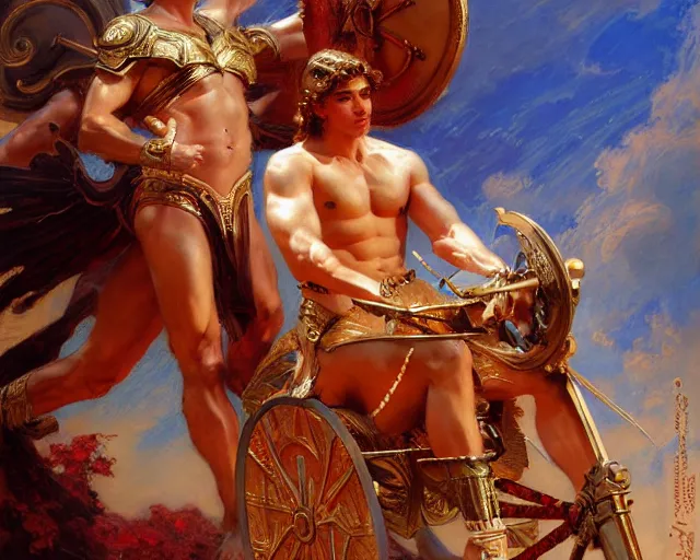 Image similar to attractive apollo greek god, riding his fire chariot. highly detailed painting by gaston bussiere, craig mullins, j. c. leyendecker 8 k