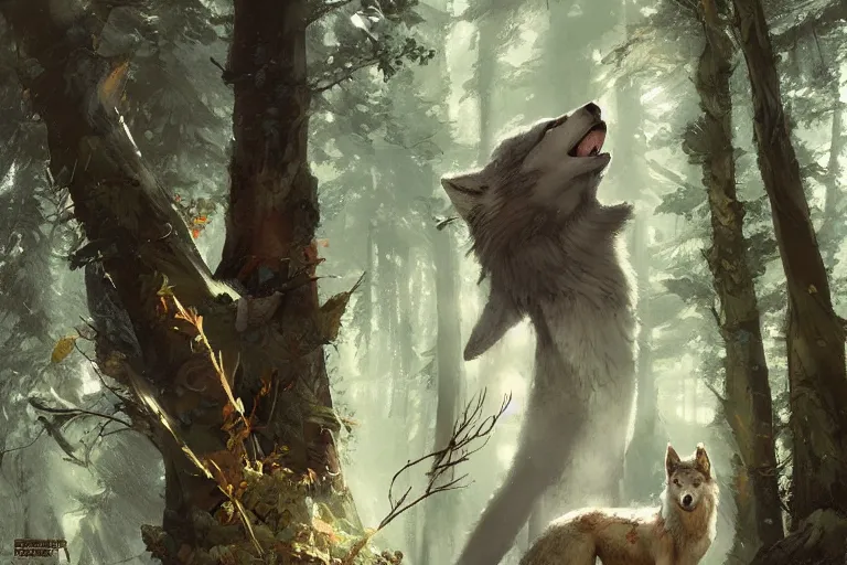 Image similar to wolf in the forest, stylized, sunlit, paint texture, digital painting, highly detailed, artstation, sharp focus, illustration, concept art, ruan jia, charlie bowater, tom bagshaw, norman rockwell