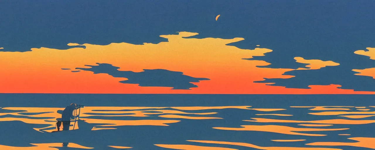 Image similar to fisherman fishing at sea, golden hour, hiroshi nagai