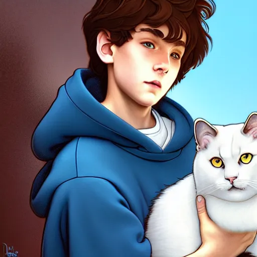 Image similar to teen boy with brown hair and big blue eyes, wearing a hoodie, holding a fluffy white persian cat, natural lighting, path traced, highly detailed, high quality, digital painting, by don bluth and ross tran and studio ghibli and alphonse mucha, artgerm