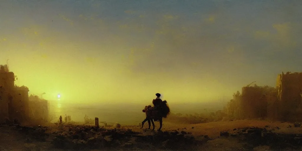 Prompt: The last man on Earth looks out across a ruined city at sunset, oil painting by Ivan Aivazovsky