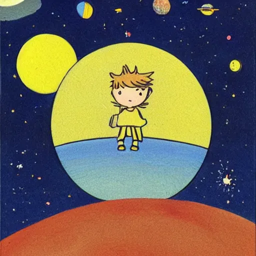 Image similar to the little prince on a little planet floating in space, illustration by antoine de saint - exupery