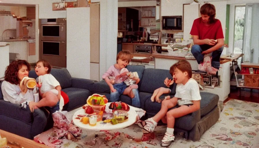 Prompt: 1990s candid 35mm photo of a beautiful day in the family kitchen , cinematic lighting, cinematic look, golden hour, Nintendo's Kirby is eating the family sofa, kids are crying, the Sofa is in Kirby's mouth, UHD