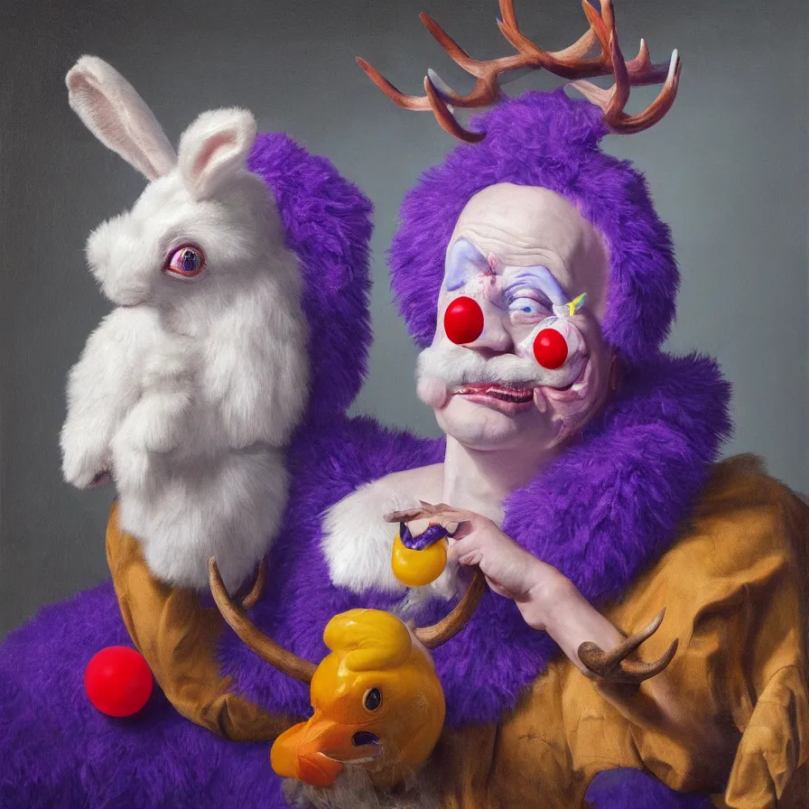 Image similar to rare hyper realistic portrait painting by dutch masters, studio lighting, brightly lit purple room, a blue rubber ducky with antlers laughing at a giant crying rabbit with a clown mask