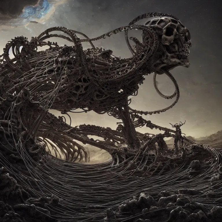 Prompt: abandoned giant snake skeleton buried on exoplanet, statue covered with wires, surreal abandoned buildings, dream-like heavy atmosphere, baroque painting, beautiful detailed intricate insanely detailed octane render trending on Artstation, 8K artistic photography, photorealistic, dramatic volumetric cinematic light, chiaroscuro, Raphael, Caravaggio, Beksinski, Giger