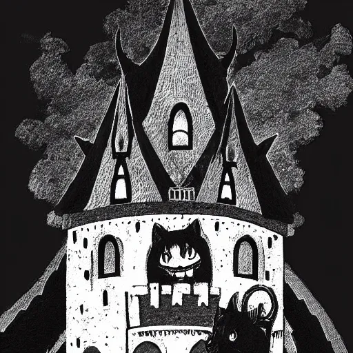 Image similar to demon all black house cat sitting on top of a castle, style of kentaro miura!!!!, black and white