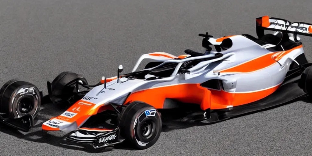 Image similar to McLaren MCL34 F1 car 2021 with Ford Mustang GT 2021 front design. No background, concept art style.